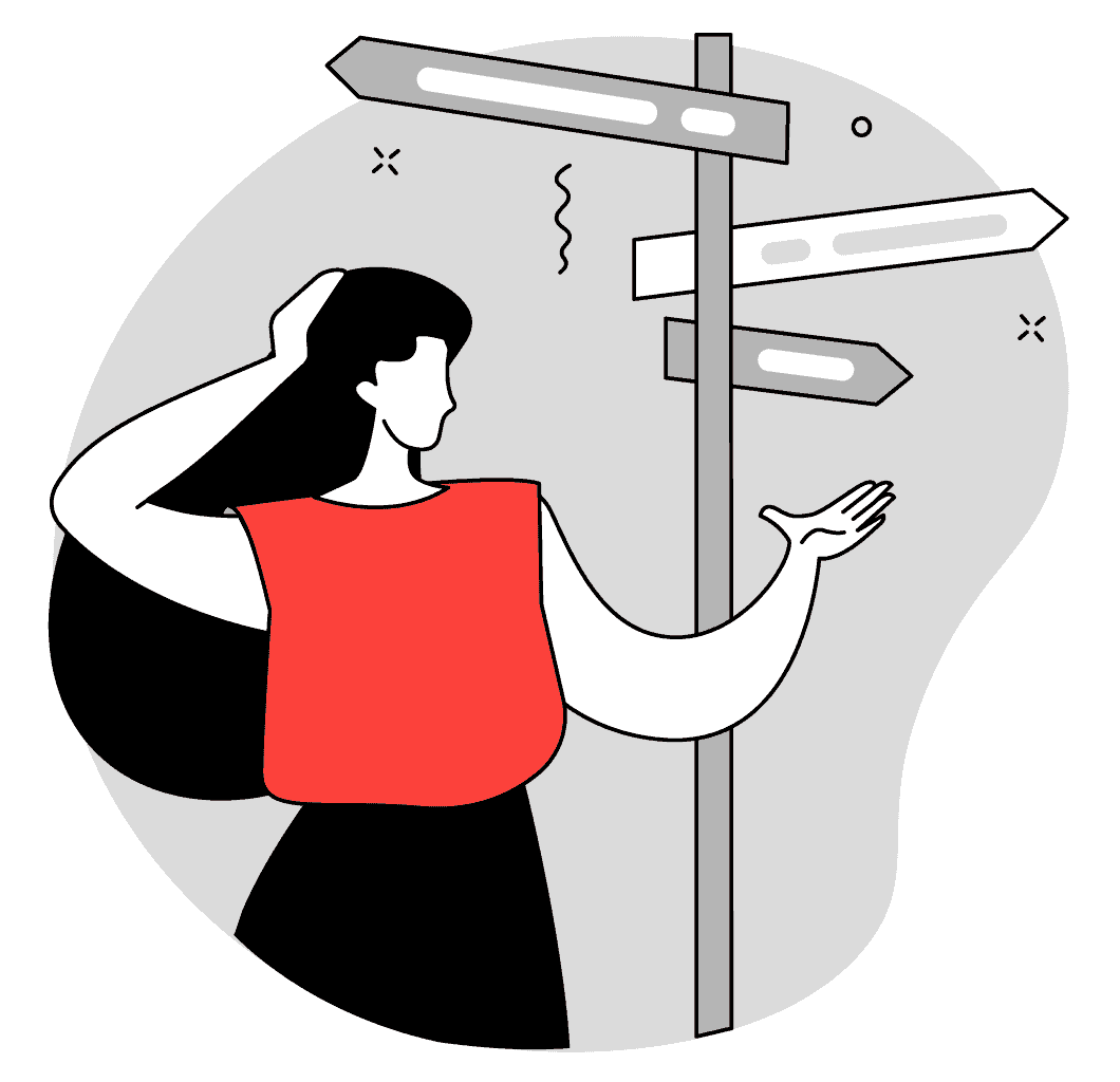 Illustration of a woman scratching her head in front of a sign with multiple directions