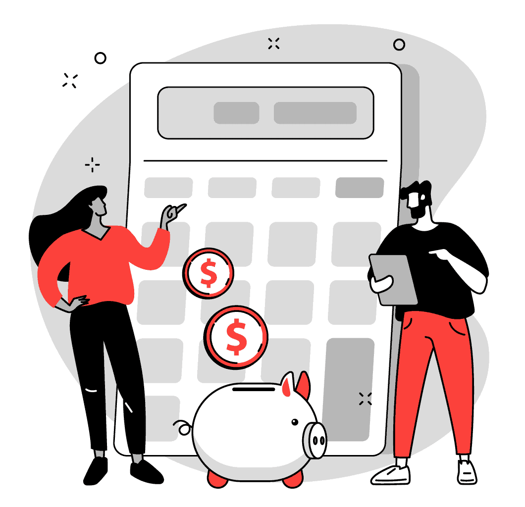 Illustration of two people in front of a calculator with a piggy bank