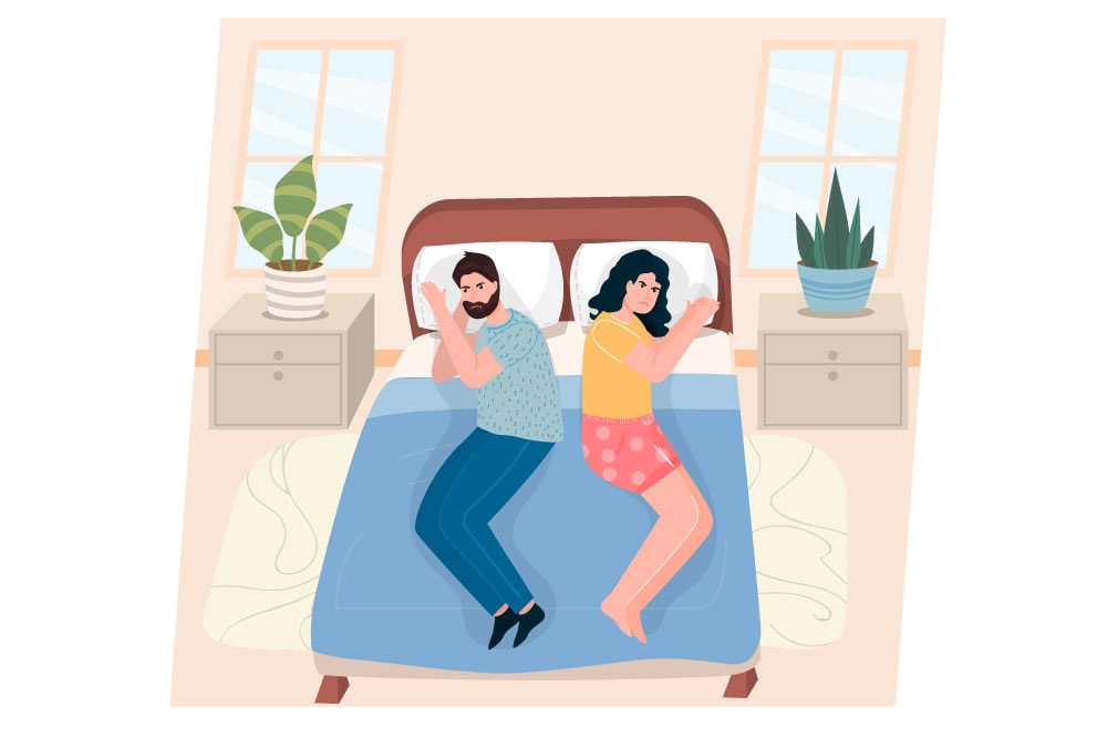 illustration of an unhappy couple in bed