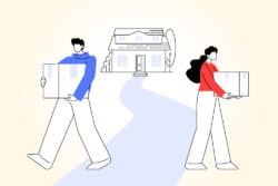 An illustration of a couple walking away from a home in different direct directions and carrying moving boxes