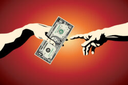 An illustration of a hand passing a US dollar bill to another hand.