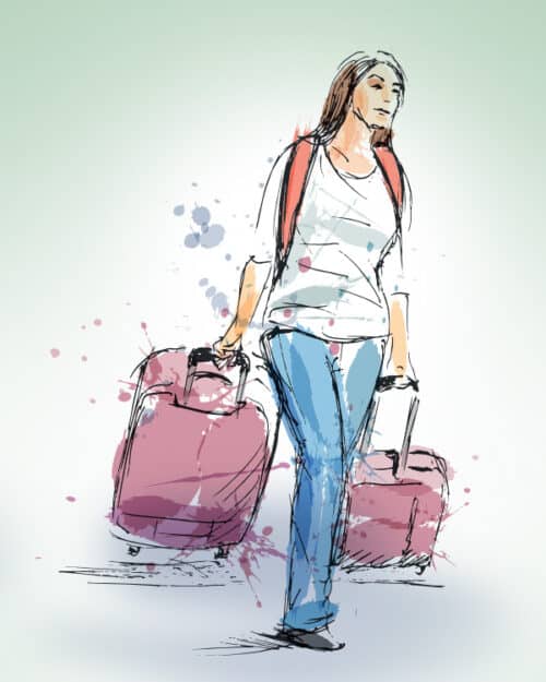 Illustration of a woman leaving, having packed her bags