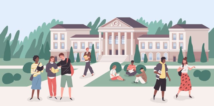 An illustration of students on a college campus. Divorced parents should plan for tuition payments.