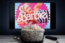 Barbie movie still with a bowl of popcorn