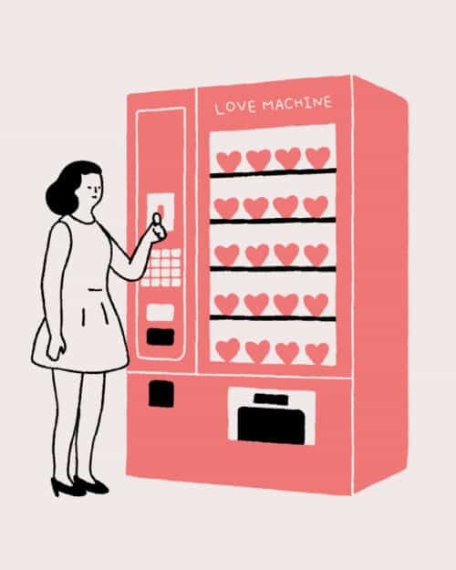 Woman standing at vending machine, concept about finding love