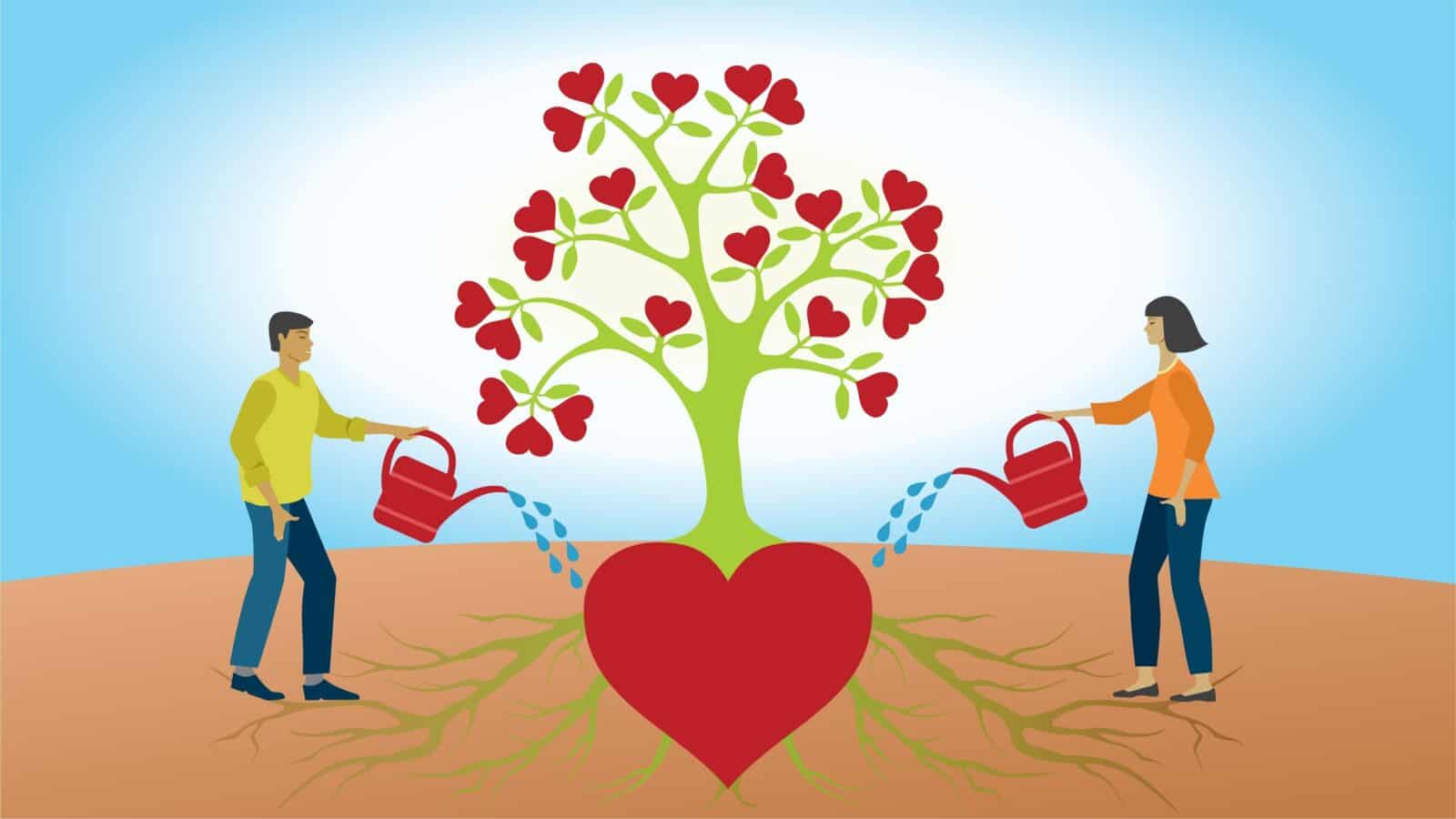A couple waters a tree, signifying nurturing love.