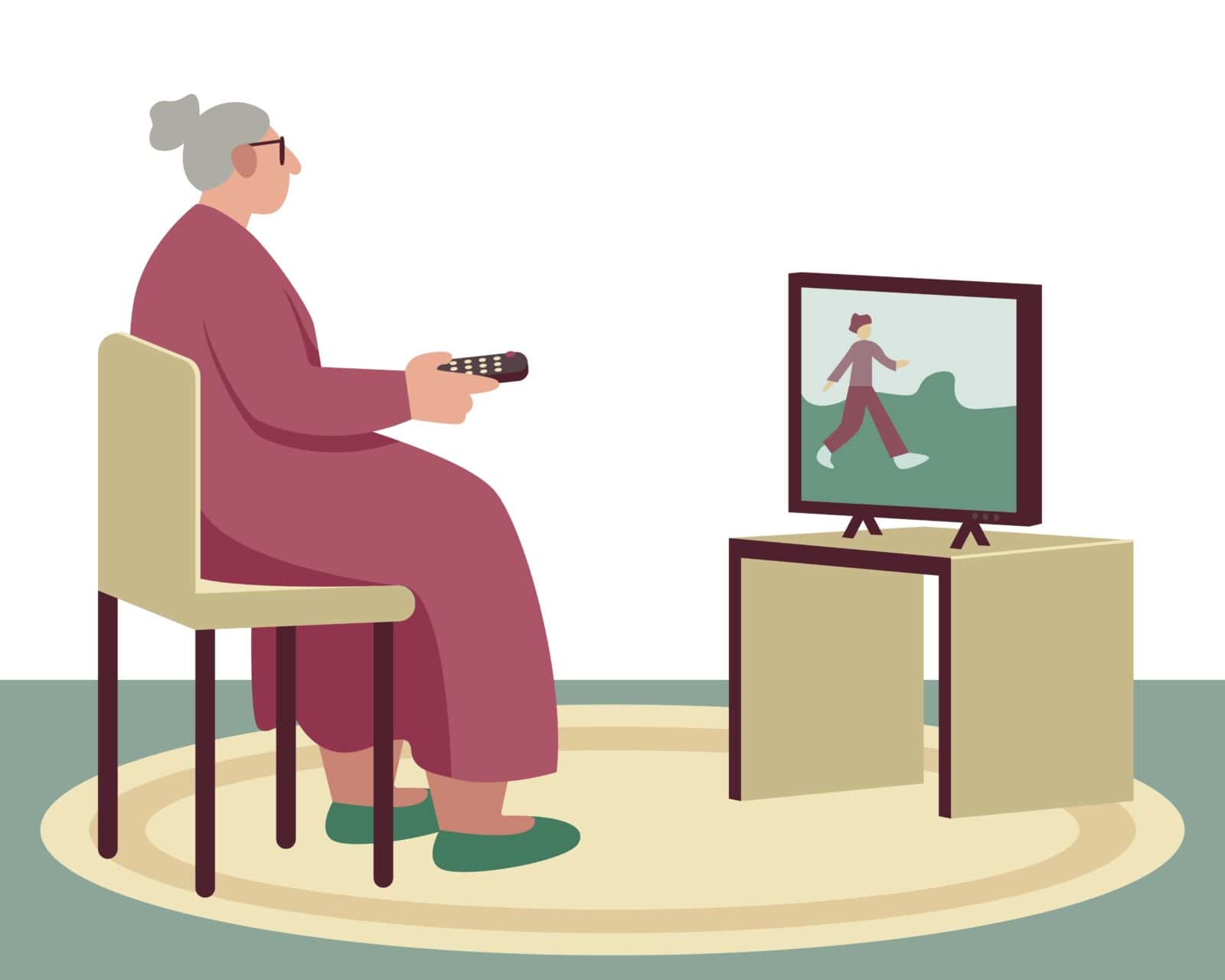 Older woman holds a remote while watching TV.