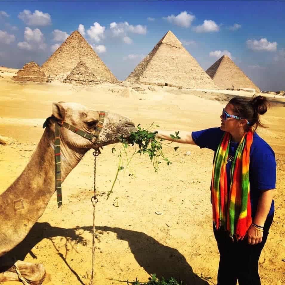 World traveler Virginia Barfield feeds a camel in Egypt.
