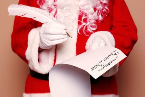 Santa Claus holds a divorce decree.