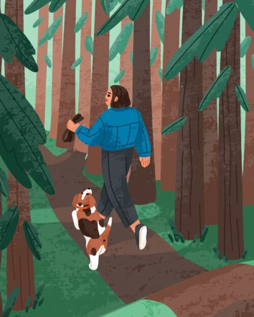 illustration of a woman taking a peaceful nature walk with her dog