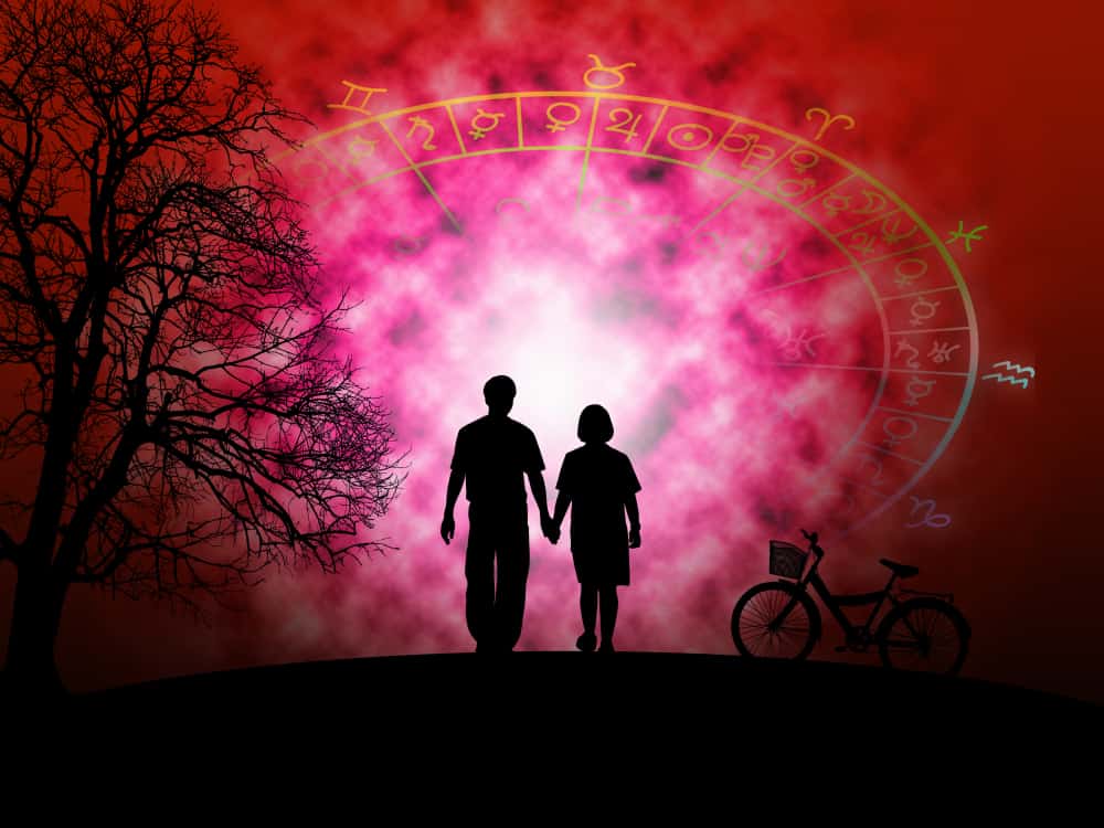 Silhouette lover holding hand background of the horoscope concept.