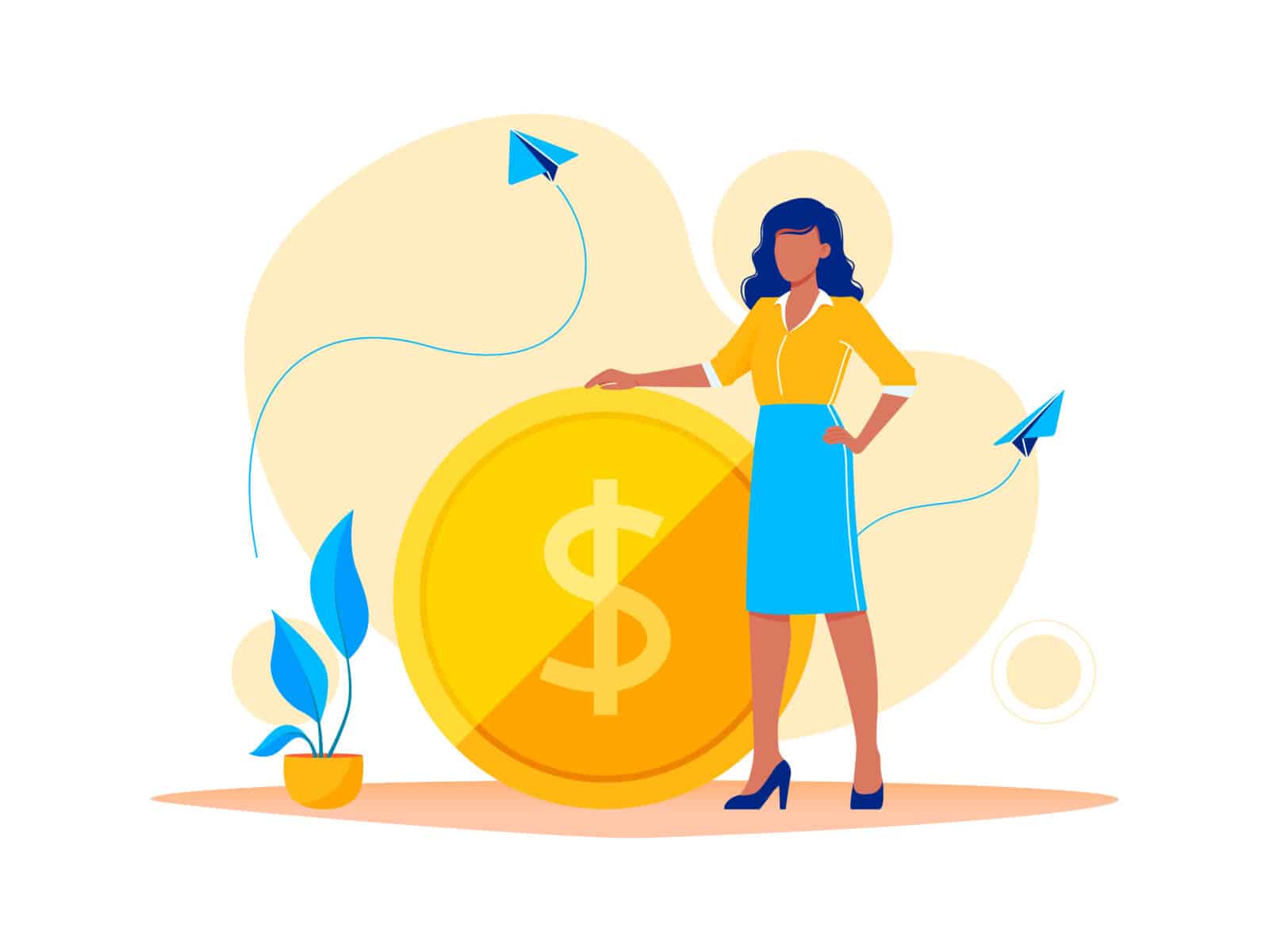 An illustration of a woman standing next to a huge coin signifying financial health.
