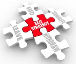 Relationship Exit Strategy words on puzzle pieces with terms end, terminate, leave and withdraw a partnership, agreement or marriage