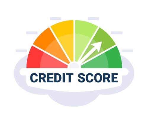 A graphic of a gauge showing a credit score.