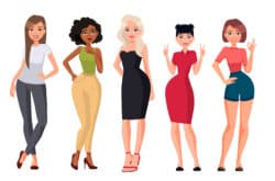 Vector illustration of different women.Girl with long hair in casual clothes, young black woman, woman with blond hair in black dress,chinese woman.