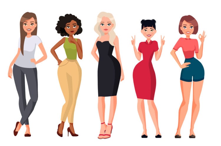 Vector illustration of different women.Girl with long hair in casual clothes, young black woman, woman with blond hair in black dress,chinese woman.