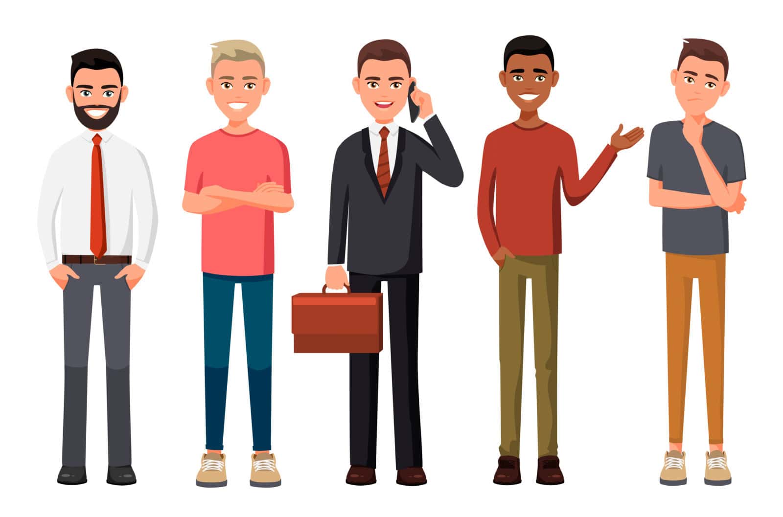 Vector illustration of different men. Man in casual or official clothes, young black guy, man with blond hair.