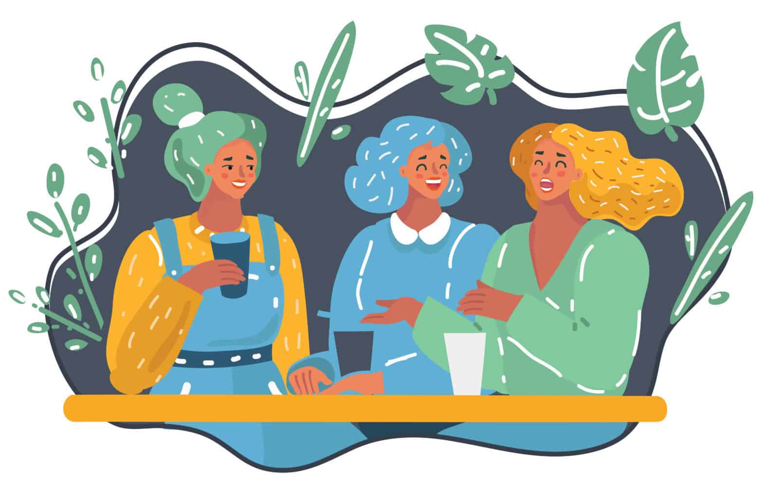 Vector cartoon illustration of group of women friends having a discussion.