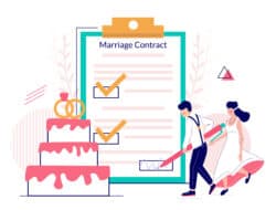 Happy couple getting married and signing marriage contract or prenuptial agreement form