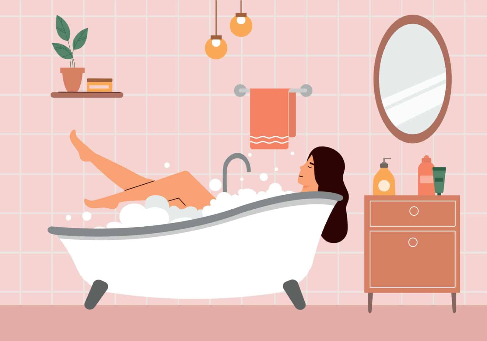 Woman takes bath. Young girl in bathroom relaxes in hot water with foam.