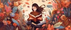 Young woman opening a huge open book surrounding the many flowers, leaves, plants.